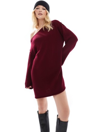 Miss Selfridge off the shoulder slouchy knit mini dress in burgundy