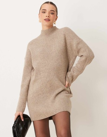 Abercrombie & Fitch roll neck knitted dress in beige