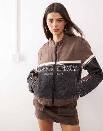 Miss Sixty co-ord denim motorcross jacket in black and brown with logo applique