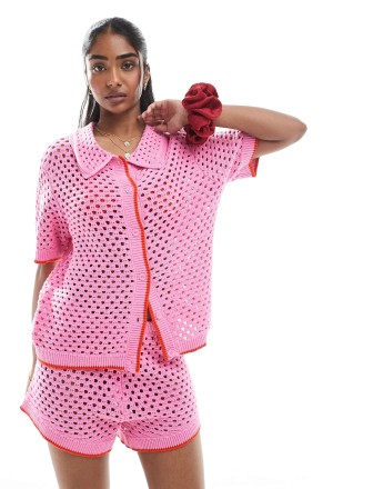 Pieces open knit boxy polo top co-ord in pink and red