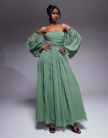 Lace & Beads off shoulder balloon sleeve maxi dress in olive