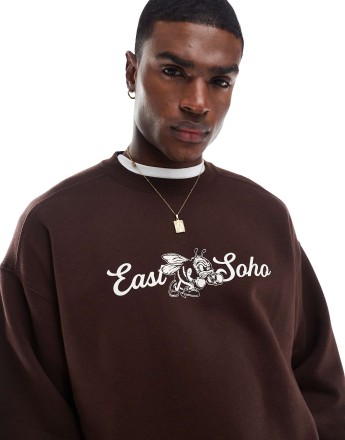 Cotton On box fit graphic crewneck sweater in dark oak