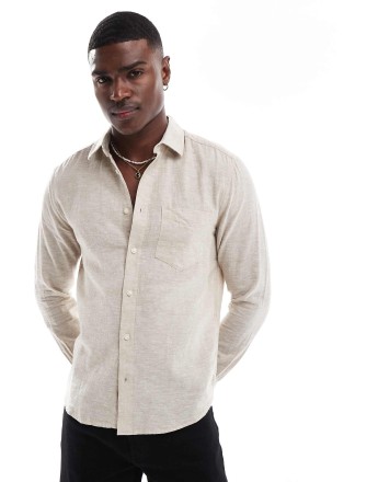 ONLY & SONS relaxed fit linen mix long sleeve shirt in beige