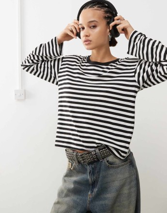 Monki long sleeve top in off white and black stripes