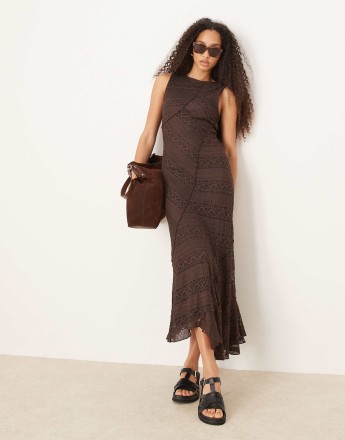 Gina Tricot antique lace craft sleeveless assymetric hem midi dress in brown