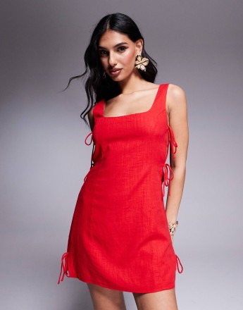 Princess Polly linen look square neck open tie side mini dress in red