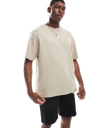 Threadbare 200 GSM cotton t-shirt with embroidered detail in stone