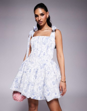 Lavish Alice bubble hem mini dress in blue print