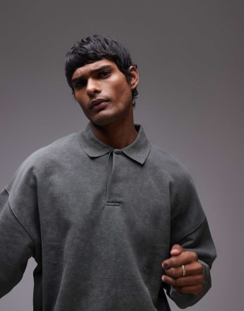 Topman oversized fit sweat polo in washed khaki