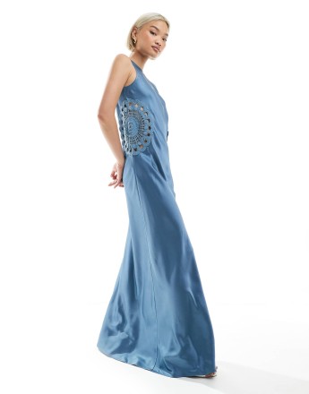 4th & Reckless satin racer neck crochet insert maxi dress in blue
