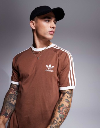 adidas Originals 3 stripe ringer t-shirt in brown