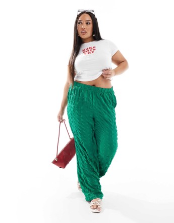 Vero Moda Curve textured wide leg trousers in green