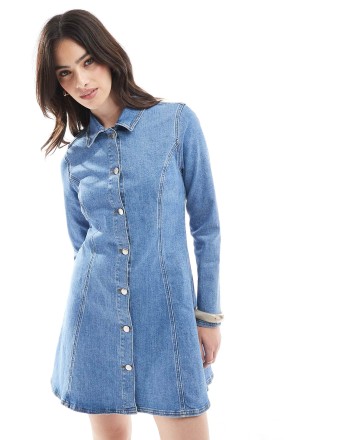 Miss Selfridge seam detail stretch denim fit and flare long sleeve mini dress