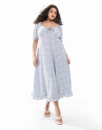 New Look Curve crinkle milkmaid midi dress in blue floral