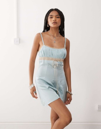 Reclaimed Vintage festival satin playsuit in mint green with lace trims