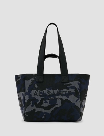 AllSaints Izzy medium knitted tote bag in blue camo