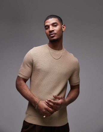 Mango ribbed knitted t-shirt in beige