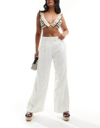 Abercrombie & Fitch ultra wide leg linen blend trouser in white