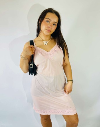 Vintage Size S Sheer Lace Midi Slip Dress in Pink