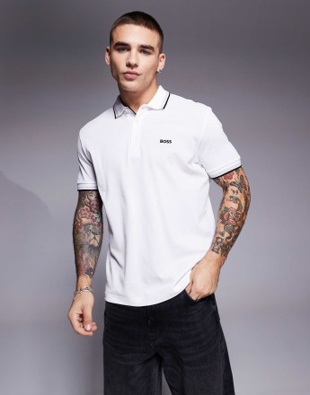 BOSS Green Paddy logo tipped pique polo regular fit in white