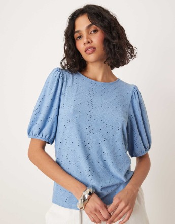 Vila broderie t-shirt with puff sleeve detail in blissful blue