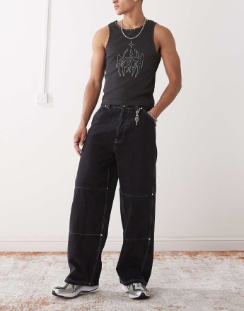 COLLUSION carpenter trouser with contrast stitch in black
