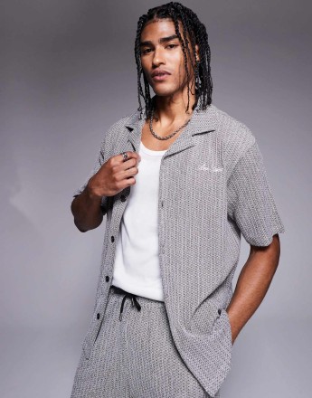 River Island revere collar plisse shirt co-ord in grey pattern