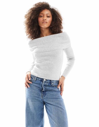 Cotton On everfine rib off shoulder crop knit jumper in grey