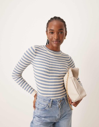 Pieces chunky ribbed knit long sleeve top in denim blue stripe