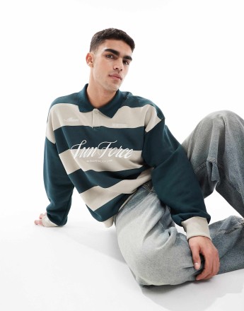 Bershka stripe rugby sweatshirt in green