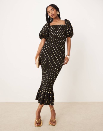 Never Fully Dressed puff sleeve shirred midaxi dress in black
