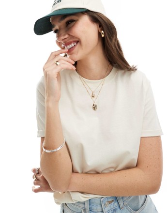 Pieces cotton t-shirt with fold up detail in cream