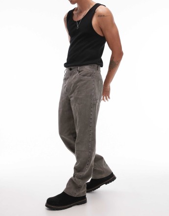Topman premium straight studded suede trousers in grey