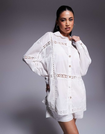 River Island lace insert shirt co-ord in white