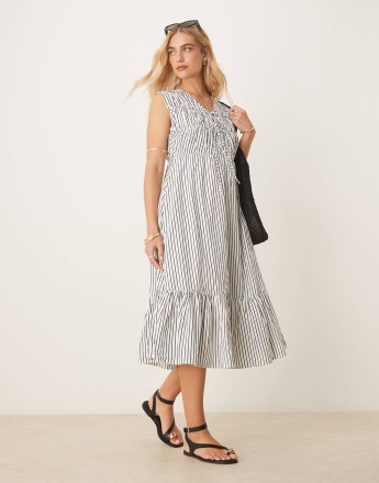 YAS sleeveless plunge poplin midi dress in black and white stripe