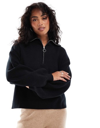Stradivarius quarter zip jumper in black