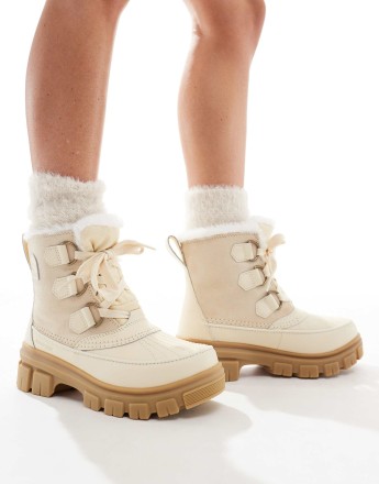 Sorel Torino V WP waterproof fleece lined faux fur leather snow boots in honey white and sea salt