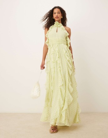 Anaya Cold shoulder waterfall ruffle maxi dress in spring green