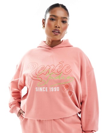 Renee Studio Plus exclusive embroidered logo graphic hoodie co-ord in peach
