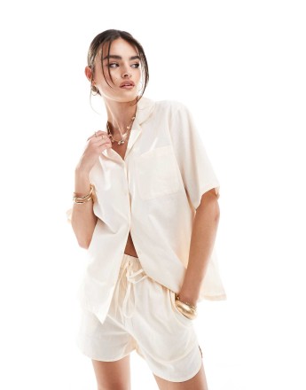 Esmee Exclusive beach short sleeve shirt co-ord in cream