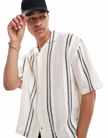 Pull&Bear rustic textured striped shirt in ecru