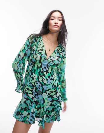 Topshop long sleeve godet mini tea dress in green floral print