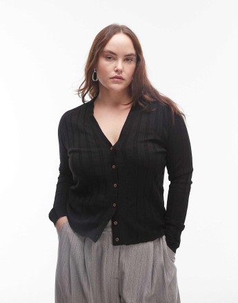 Mango curve ribbed button down cardigan in black