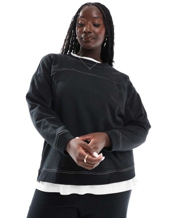 Vero Moda Curve boxy sweatshirt co-ord with contrast stitching in black