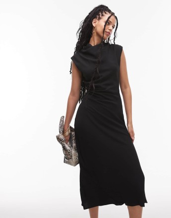 Mango gathered waist detail midaxi dress in black