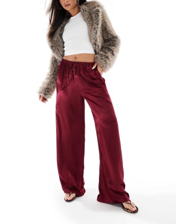 Miss Selfridge wide leg satin trouser in burgundy