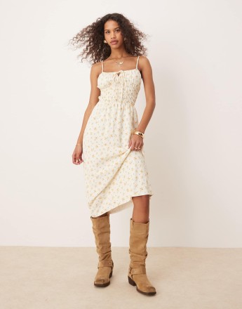 Kiss The Sky shirred midi dress in yellow floral print