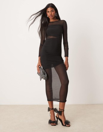 New Look mesh ruched side midaxi dress in black