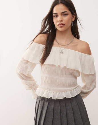 Motel kalena ruffle off-shoulder long sleeve blouse in ivory
