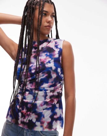 & Other Stories mesh top with drape detail in blurred floral print